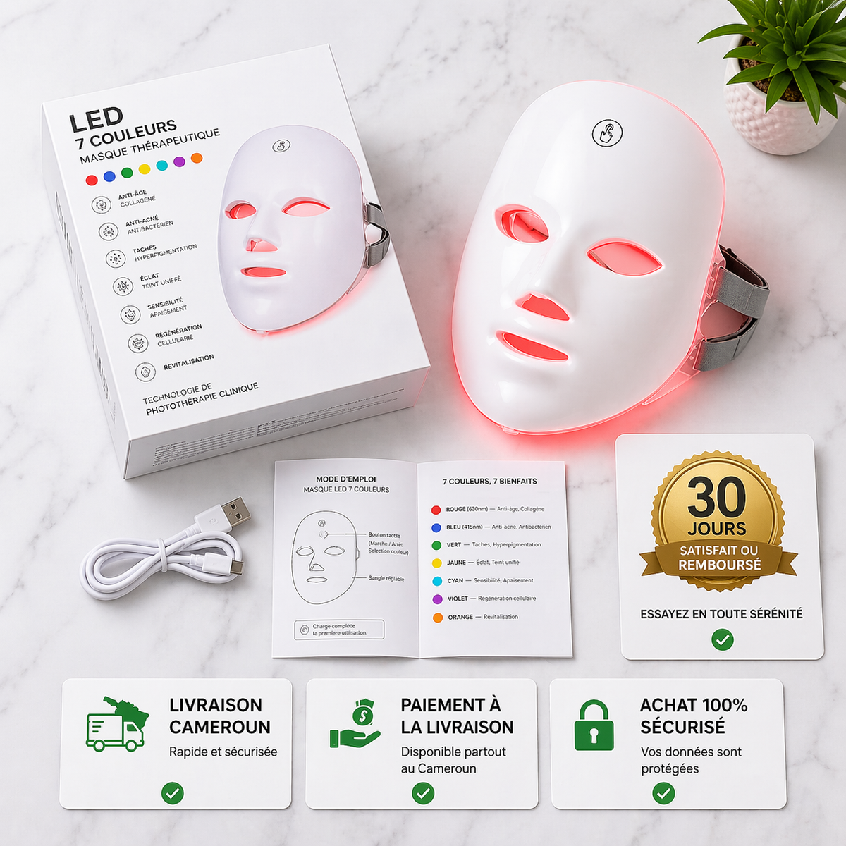 Masque LED Visage Rechargeable - LUMINOTHÉRAPIE 07 COULEURS
